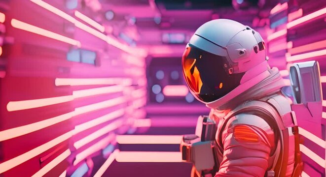 Astronauta nella quarta dimensione. Ambienti neon e strisce luminose. Animazione 3D di fantascienza