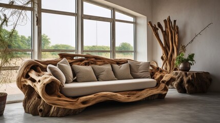 Nature's Embrace: Rustic Handcrafted Sofa Made from Tree Trunk - Farmhouse Interior Design for a Modern Living Room