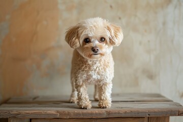 Cute Maltipoo dog standing on a chair with leaves on the floor, in the style of light brown and light beige, clear edge definition, precisionist lines, light red and brown,