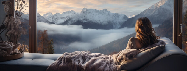A wide panoramic closeup Facebook banner of a pretty smiling woman holding a coffee cup and drinking near a window and looking outside foggy mountain in a cold day morning  - Powered by Adobe
