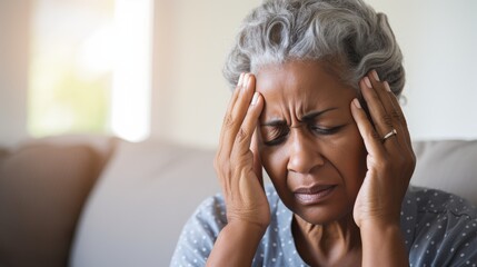 Elderly African American woman experiencing a headache at home