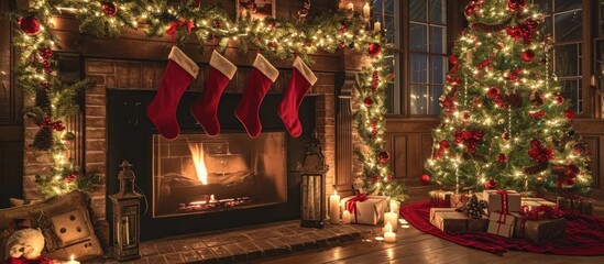 Fototapeta na wymiar Christmas scene with stockings, fireplace, decorations, and lighting.