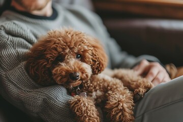 a person is sitting on the couch holding a brown maltipoo dog , in the style of happycore,