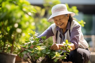 Senior Asian Woman Gardening in Sunny Environment