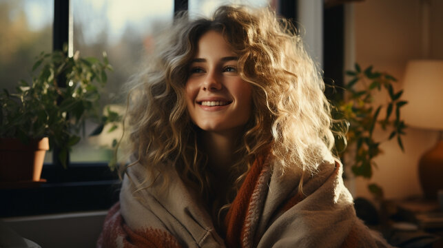 A wide closeup blog banner photograph of a pretty smiling woman holding a coffee cup and drinking near a window and looking outside foggy mountain in a cold day morning 