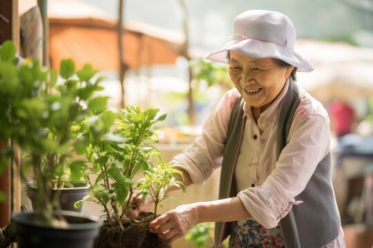 Elderly Asian woman tending to plants ideal for gardening industry or senior lifestyle