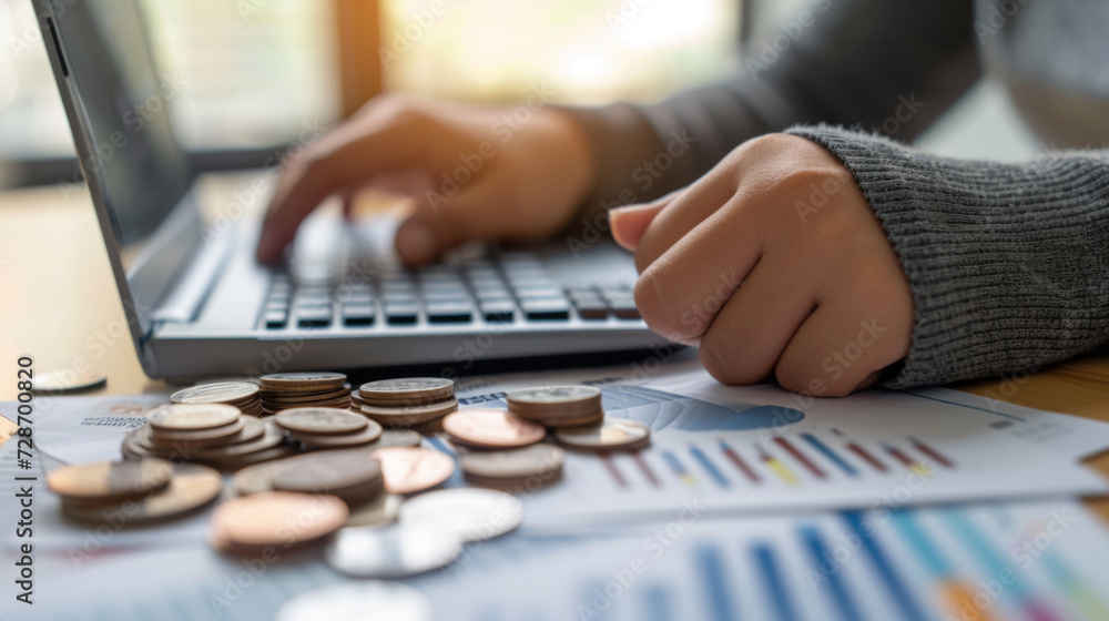 Poster close-up of a hand using a pen to press a button on a calculator with coins and financial documents 