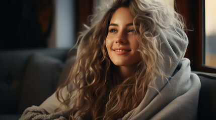 Fototapeta premium A wide closeup blog banner photograph of a pretty smiling woman holding a coffee cup and drinking near a window and looking outside foggy mountain in a cold day morning 