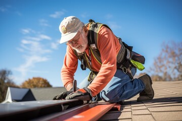 Senior construction worker installing rooftop solar panels