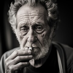 Elderly man lighting a cigarette with thoughtful expression