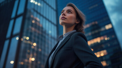 Fototapeta premium A confident and professional young businesswoman looking up while standing against contemporary corporate skyscrapers with illuminated facade in financial district in the evening. Low angle side