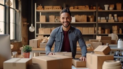 A handsome young man running online store, He is owner of small online shop. Receiving orders and packing boxes for delivery.