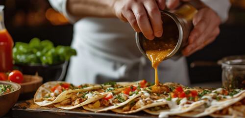chef garnishing fresh mexican quesadillas with savory sauce in vibrant kitchen setting