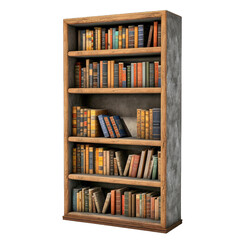 A Tall Bookcase Filled With Books.. Isolated on a Transparent Background. Cutout PNG.