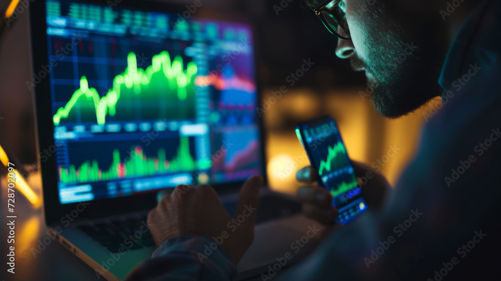Poster a person is holding a smartphone with stock market data on the screen, with a blurred background sho