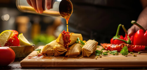 expert chef artfully pouring sauce over homemade mexican tamales in a modern kitchen