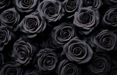 This photograph captures a bunch of black roses that are arranged closely together.