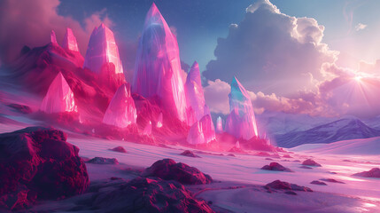 Majestic pink crystals rising from snowy landscape at sunrise