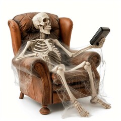 A skeleton sitting on an armchair, waiting for something that never happened