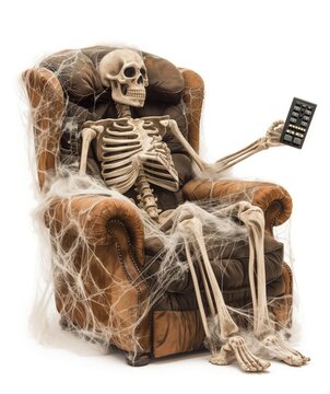 A skeleton sitting on an armchair, waiting for something that never happened