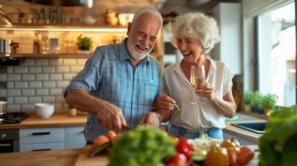elderly couple is joyfully preparing food together in a modern kitchen.