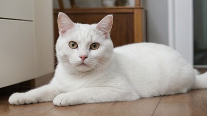 Obraz premium White american shorthair cat laying on the floor indoor