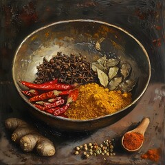 Assorted spices in a bowl, vibrant colors, culinary still life, cooking ingredients, rustic setting. AI