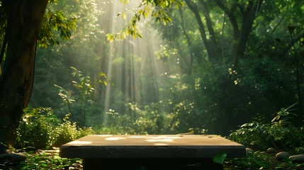 Fototapeten A tranquil Ramadan scene in the heart of the forest, with dappled sunlight, an empty podium surrounded by nature, and space for reflective messages. © AQ Arts