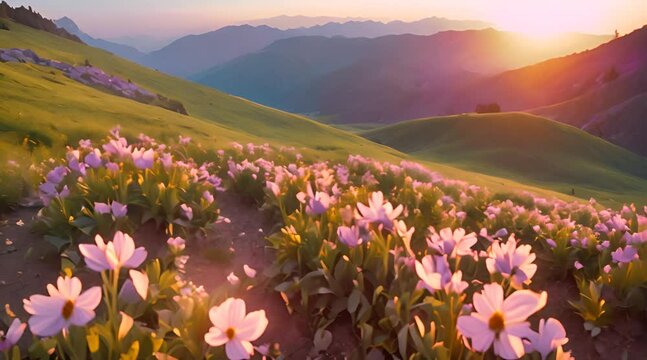 paesaggio primaverile di montagna con piccoli fiori viola al tramonto , tramonto del sole, emozioni alla vista della maestosità della natura,