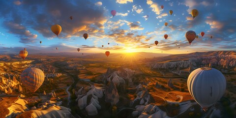 Scenic view of hot air balloons at sunrise over rugged landscape. colorful adventure in the sky. serene nature backdrop. perfect for travel and leisure magazines. AI