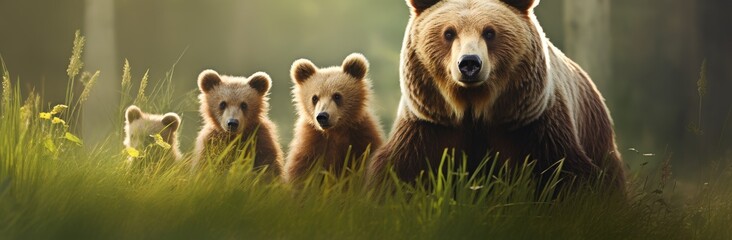 A brown bear and her cubs walking through the forest, showcasing the bond between the mother and her offspring.