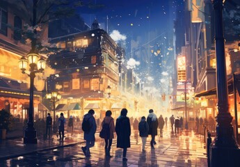 Fototapeta premium A group of individuals walking down a city street illuminated by streetlights during the nighttime.