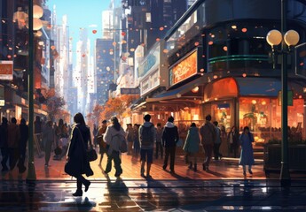 Obraz premium A diverse group of individuals walking down a bustling urban street lined with towering skyscrapers.