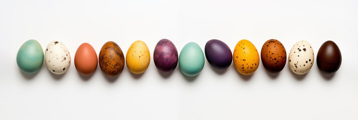 Various Easter eggs aligned on white background banner. Panoramic web header. Wide screen wallpaper