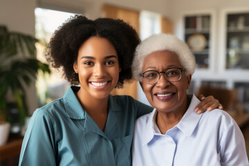Smiling Nurse with Senior Patient in Home Care - obrazy, fototapety, plakaty