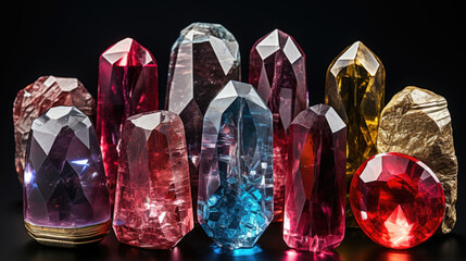Magical iridescent gemstone crystals on dark background, sparkling glow