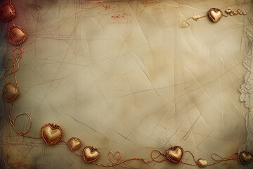 Vintage Love: Golden Heart Ornaments on Aged Paper Background
