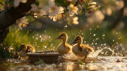 Adorable ducklings enjoying a sunny day by the water. splashing water, golden light. peaceful nature scene with wildlife. AI - obrazy, fototapety, plakaty