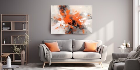 Orange abstract painting hangs on grey wall in chic living room with white furniture and grey sofa.