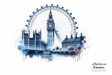 Depict London's iconic Big Ben and the London Eye in a minimalist watercolour style, using a palette of cool blues and grays to reflect the city's atmospheric essence. - obrazy, fototapety, plakaty