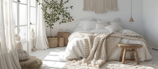 Scandinavian bedroom with white interior, adorned with a merino wool plaid, a chunky knitted blanket, and no one.