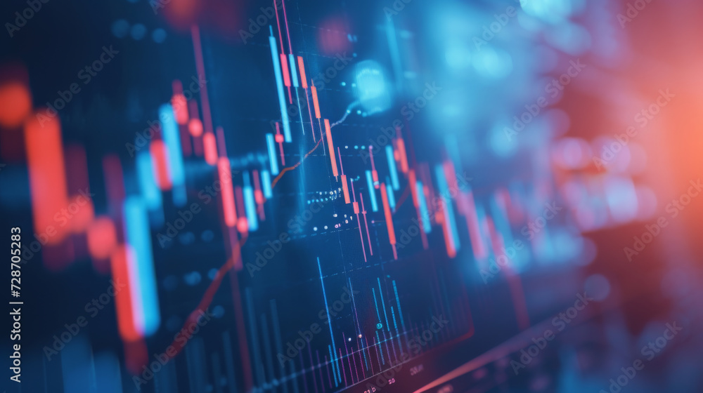 Poster a blurred close-up view of a financial stock market graph on a digital screen with various data poin
