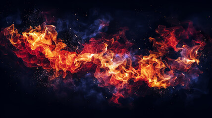 Fototapeta na wymiar Abstract dynamic image of fiery orange and red flames interwoven with cool blue smoke against a dark background, creating a striking contrast.Background concept. AI generated.