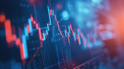 a blurred close-up view of a financial stock market graph on a digital screen with various data points and trend lines - obrazy, fototapety, plakaty