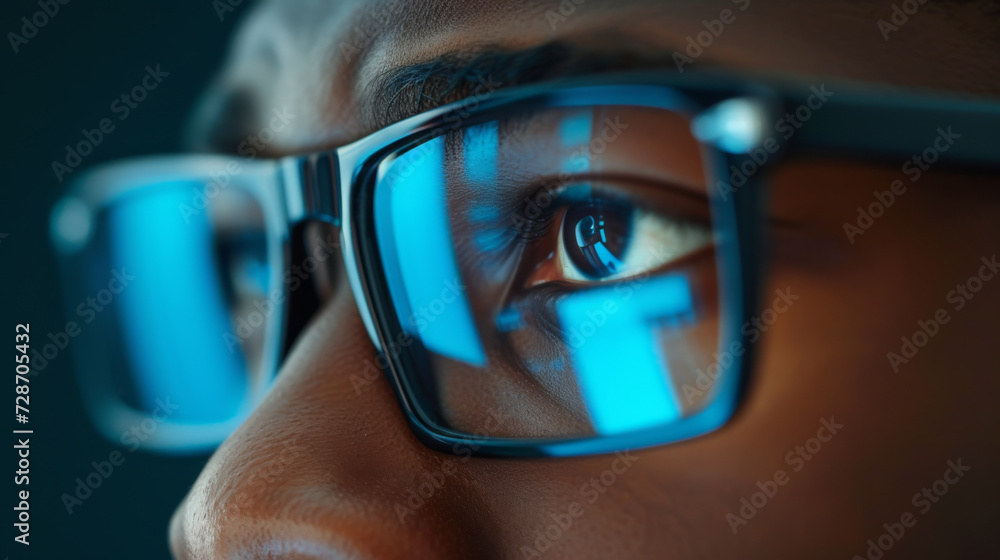 Poster a close-up view of an eye seen through a pair of glasses reflecting blue digital data and graphs, su