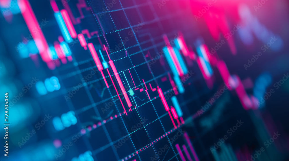 Poster a blurred close-up view of a financial stock market graph on a digital screen with various data poin