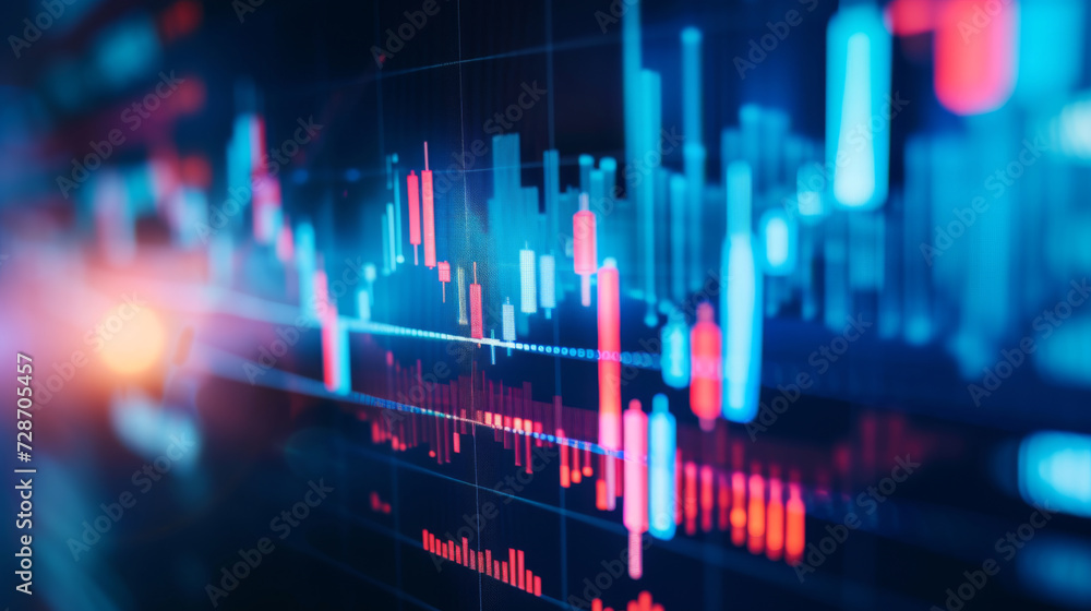 Poster a blurred close-up view of a financial stock market graph on a digital screen with various data poin