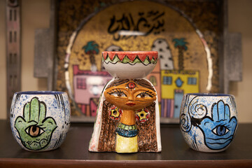 close up shot of Handicrafts for making carved ceramics in the tourist village of Tunis in Fayoum,...