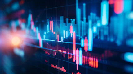 a blurred close-up view of a financial stock market graph on a digital screen with various data points and trend lines