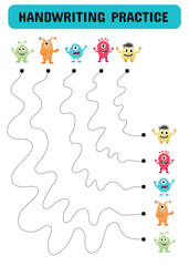 Handwriting practice sheet with monsters. Children's educational game. Drawing lines for children and toddlers. Printable sheet. Vector illustration.